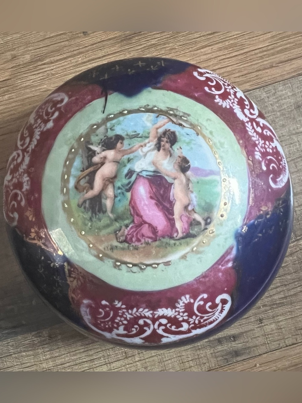 Antique Royal Vienna style hand painted Porcelain dish in Burgundy and Navy